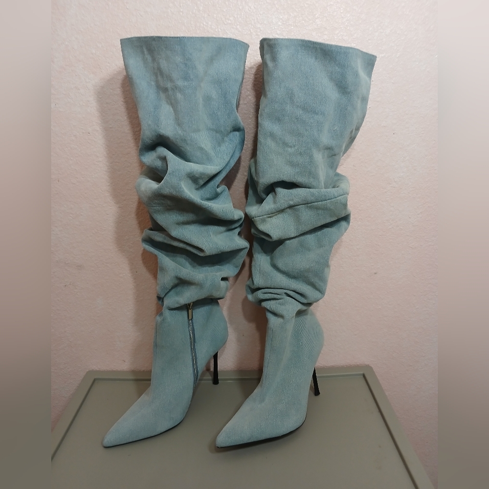 Zara Blue Denim Pointed Toe Slouchy Over The Knee Heeled Boots EU 39 US 8/8,5